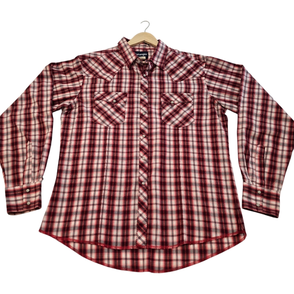 Wrangler Western Red Plaid Pearl Snap Long Sleeve Shirt, MVG105M, Men's Sz L